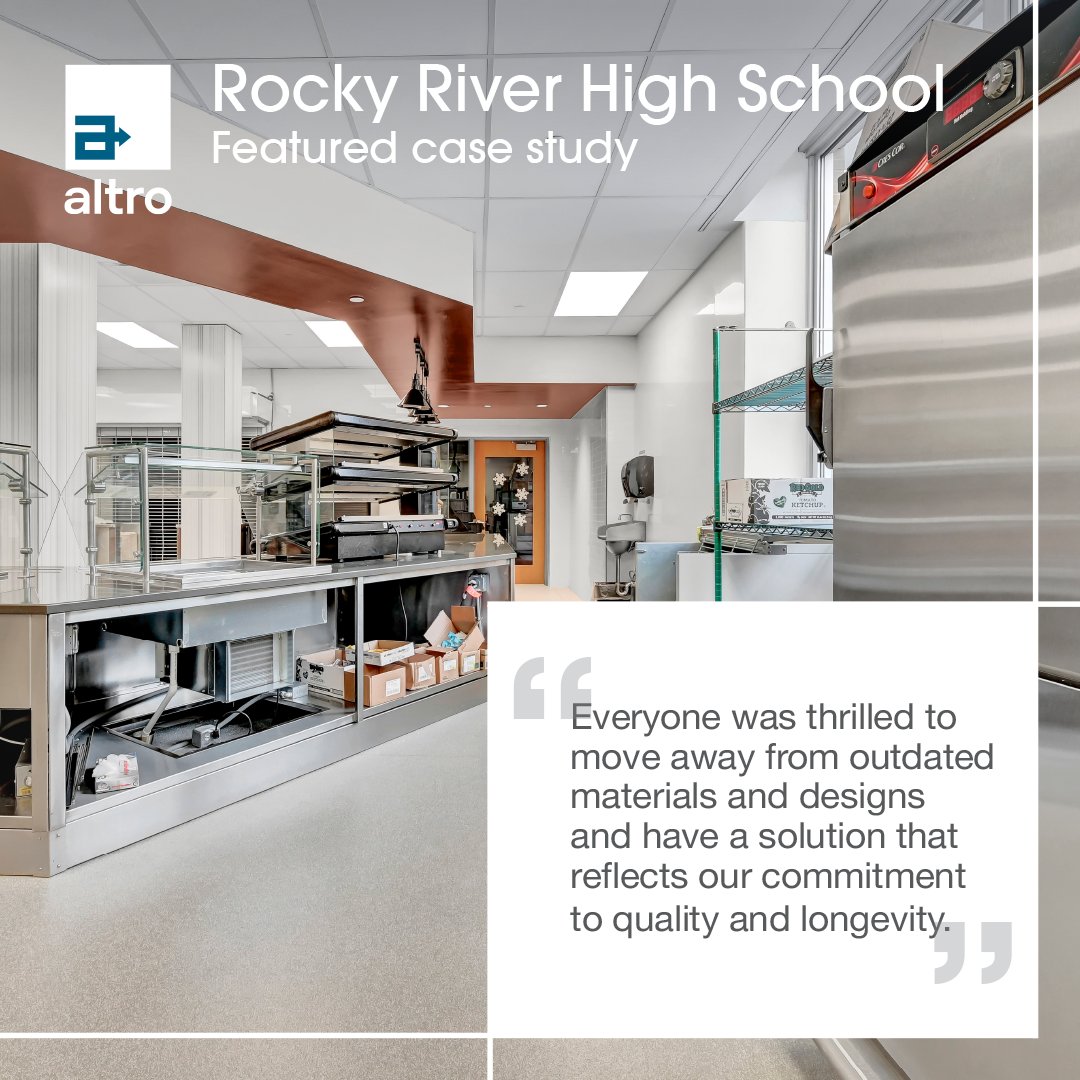 Rocky River High School upgraded its 70+ year-old kitchen with Altro Stronghold 30 + Altro Whiterock wall cladding — ensuring safety, hygiene, &amp; durability for years to come!

🔹 Slip-resistant &amp; comfortable
🔹 Hygienic &amp; impact-resistant
