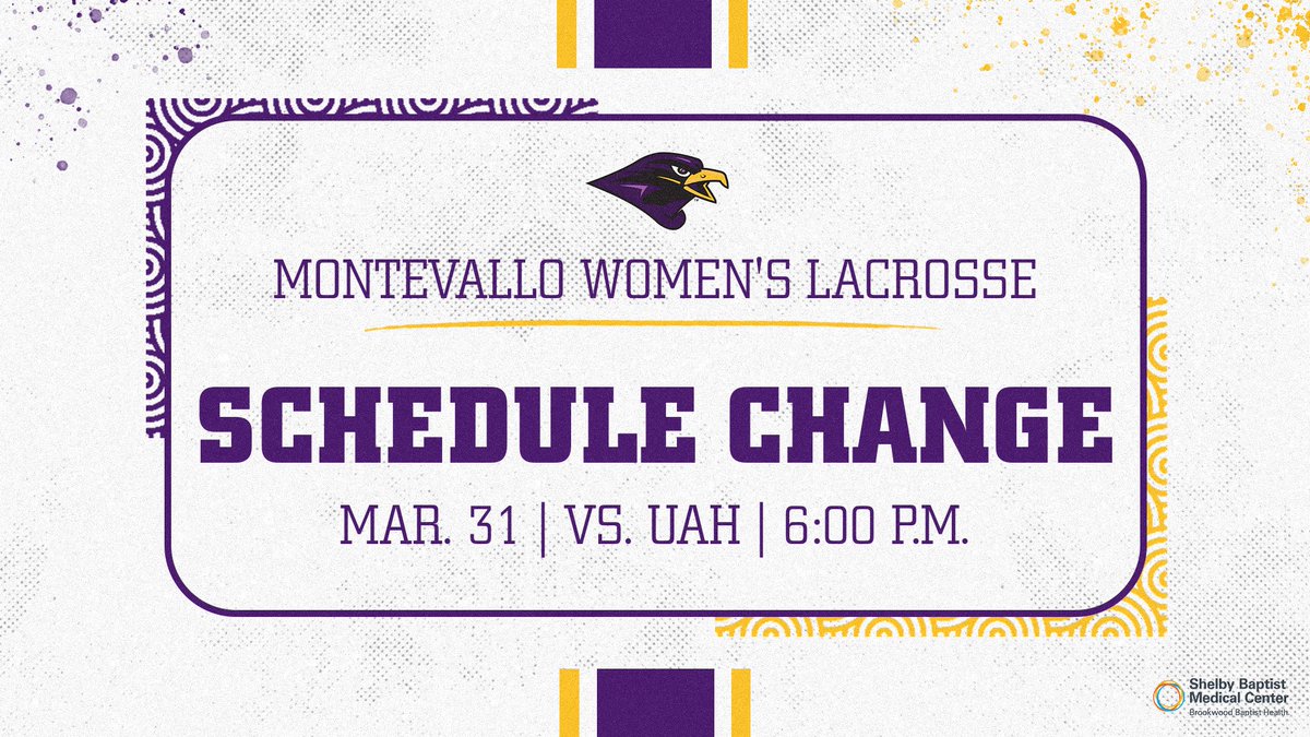 🚨 SCHEDULE CHANGE 🚨

Montevallo vs. UAH has been moved back to 6 p.m. due to inclement weather.

📰 tinyurl.com/2aa2dhkn

#TogetherWeRise