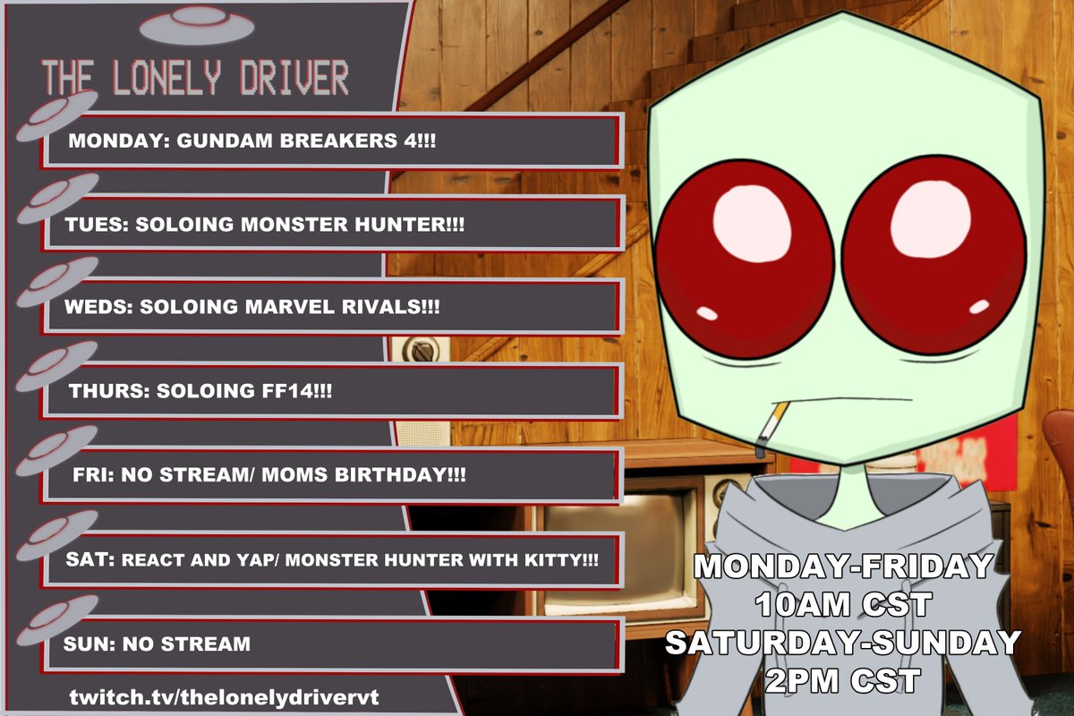lonelydriverVT's tweet image. Heyo drivers here is the schedule for this week!!! I HOPE YOU DRIVERS ENJOY YOUR WEEK!!! LINK IN THE BIO!!! #Vtubers #VTuberUprising #ENVtuber #twitchstreamer #twitch #UFOVtuber