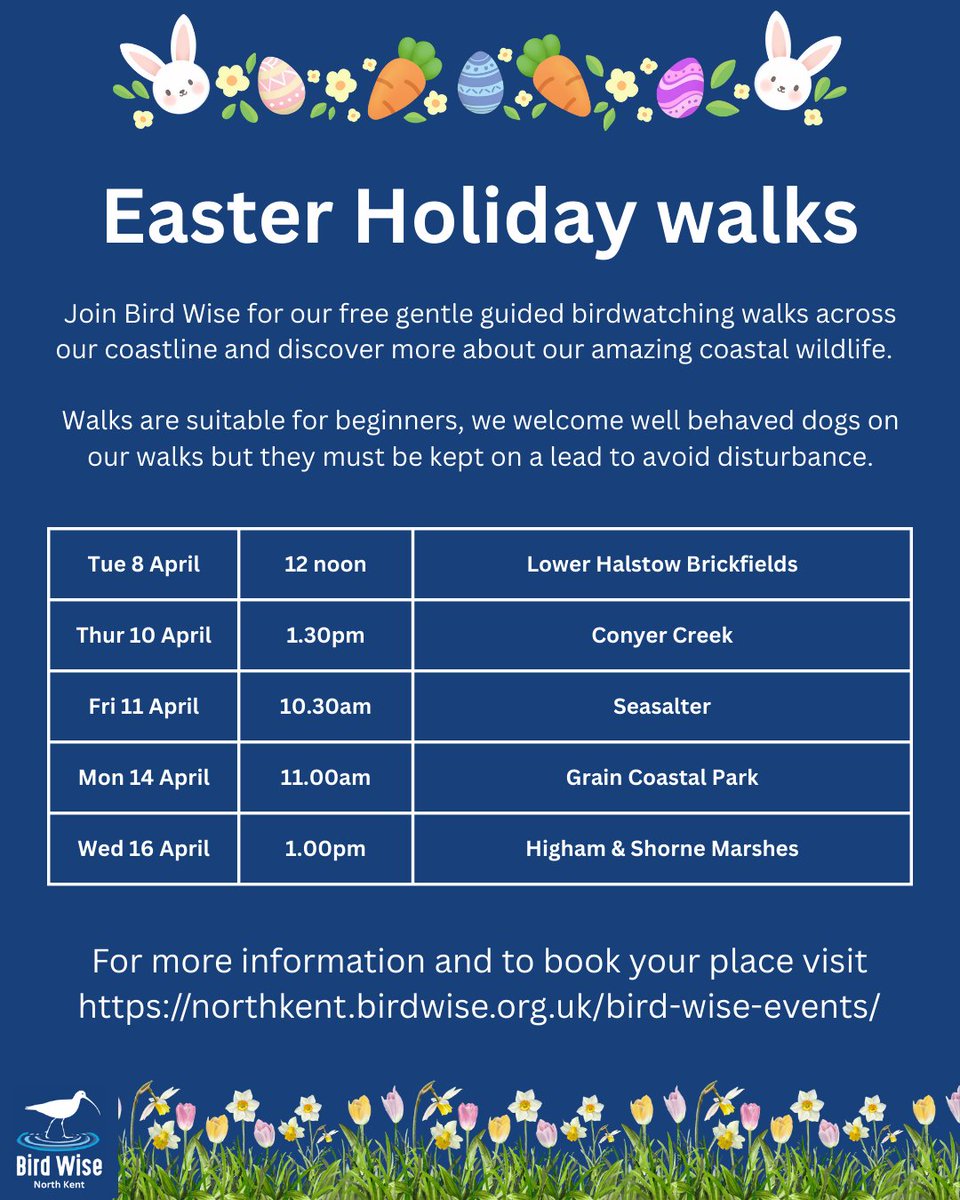 #Easter is just around the corner so we've got some free guided walks in the holidays 🐰🥚🌷🥾🐦‍⬛

For more info and to book your free place visit our website here northkent.birdwise.org.uk/bird-wise-even…
#birdwise #Kent #Medway #Swale #Gravesham #Canterbury #birdwatching #coast #birds