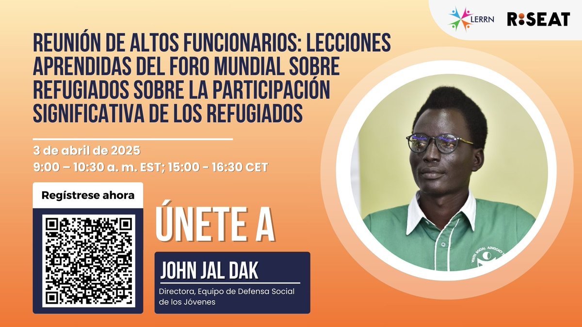 Join John Jal Dak for the High-Level Officials Meeting: Lessons Learned from the GRF on Meaningful Refugee Participation webinar

🗓️ 3 April 2025, 9:00 – 10:30AM EST | 3:00 - 4:30PM CET | Zoom
🔗 Register now: bit.ly/41Bqahz