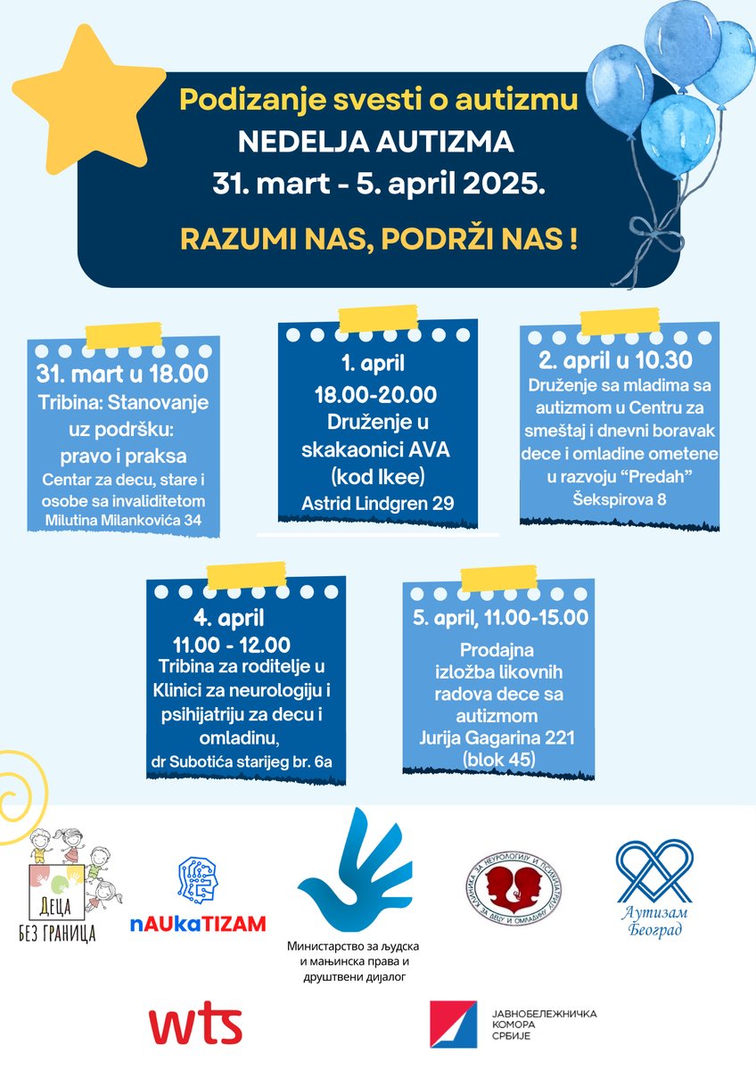 "Разуми нас, подржи нас" слоган је манифестације која се, под покровитељством <a href="/ljmpdd/">Ministarstvo_LJMPDD 🇷🇸</a>,  одржава од 31. марта до 5. априла, у оквиру Недеље аутизма 2025, са циљем повећања видљивости проблема са којима се суочавају особе са аутизмом и њихове породице.