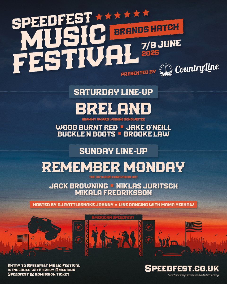 Time for the second wave of artists for the SpeedFest Music Festival presented by CountryLine on 7/8 June 🤠

<a href="/remembermonday_/">REMEMBER MONDAY ☼☽ ✩</a> will headline Sunday evening with <a href="/WoodBurntRed/">Wood Burnt Red</a> and <a href="/bucklenboots/">BUCKLE N BOOTS</a> also added to the bill 🤩

Book now at speedfest.co.uk 🎟