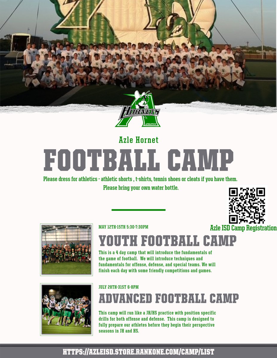 Azle Hornets (@azlehornets) on Twitter photo 6 weeks from today! Youth Football Camp. We can't wait to see all the young Hornets! Get signed up. <a href="/azleathletics/">azleathletics</a> #HornetPride 6 weeks from today! Youth Football Camp. We can't wait to see all the young Hornets! Get signed up. <a href="/azleathletics/">azleathletics</a> #HornetPride