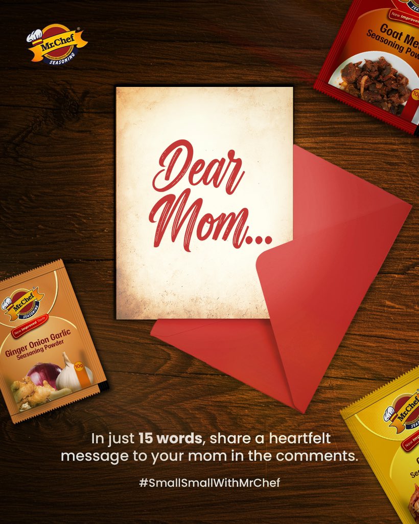 Every day is a great chance to celebrate the incredible women who shape our lives with love and care. 

If you had only 15 words, what would you say to your mom? Share a heartfelt message in the comments!

#ChefChef
 #MrChefNigeria
 #MrChefseasoning #SmallSmallWithMrChef