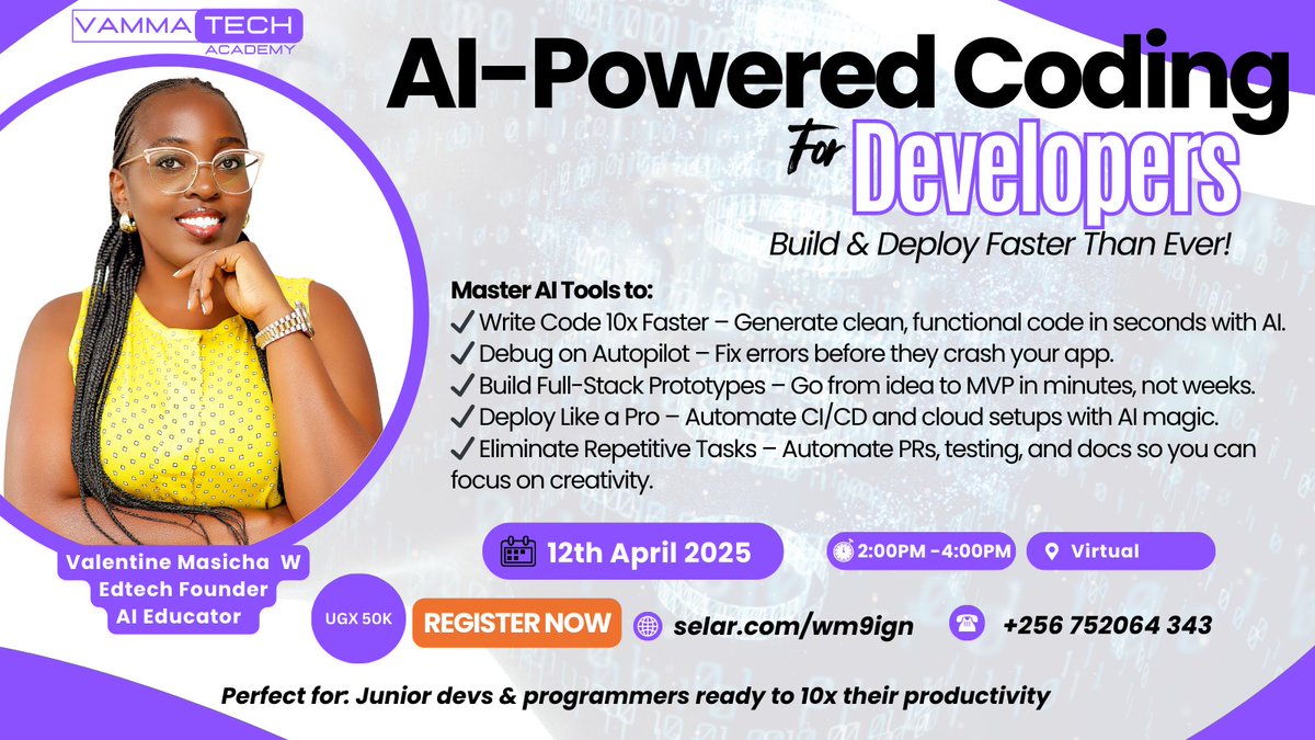 Learn how to supercharge your coding with AI! 
Build and deploy projects faster using AI-powered tools.

📅 Date: 12th April
📍 Location: Virtual
🔥 Limited slots available!
Sign Up selar.com/wm9ign

#AIforDev #CodingWithAI #TechInnovation