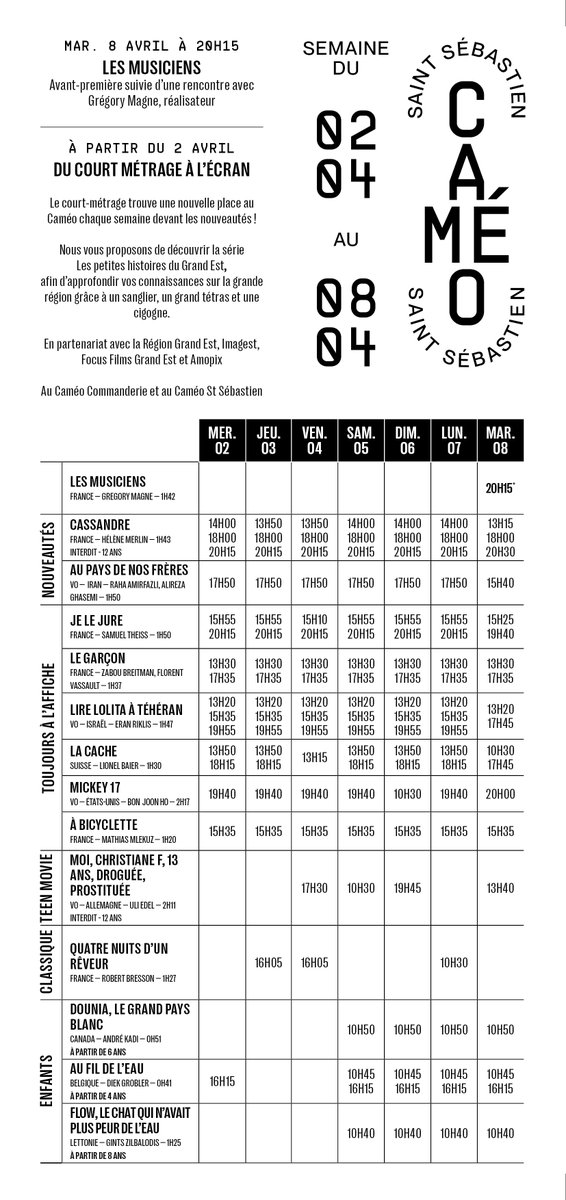 Horaires des séances pour la semaine du 2 au 8 avril
#Nancy