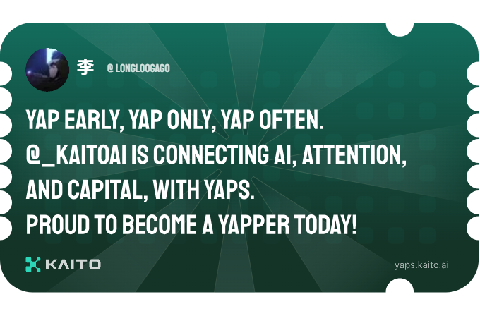 longloogago's tweet photo. Yap early, yap only, yap often.

@KaitoAI is connecting AI, attention and capital with Yaps.

Just claimed my social card and I'm accumulating Yap points in real-time.

Claim yours 👉 https://t.co/CQgPa6ZnXd https://t.co/uQQihg78rQ