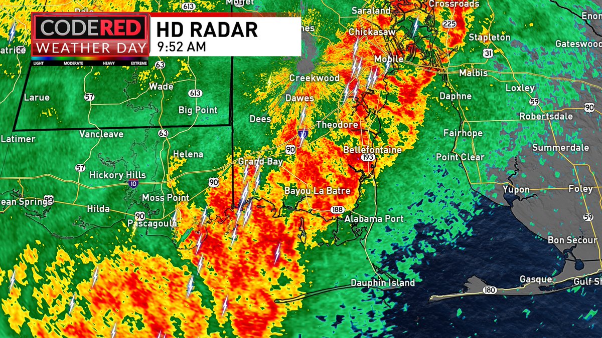Radar Update: Flash Flood Warning Jackson, Co until 12:15PM. A line of strong storms currently rolling through Downtown Mobile &amp; along and S of I-10 in Mobile County. Looking weaker up the I-65 corridor. Severe T-Storm Watch continues until 1PM for the NBC 15 area <a href="/mynbc15/">NBC 15 News</a>