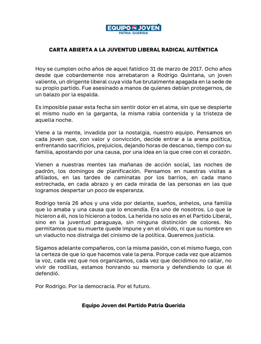 CARTA ABIERTA A LA JUVENTUD LIBERAL RADICAL AUTÉNTICA.

No olvidamos.

8 años sin Rodrigo Quintana. Lo mataron, en la sede de su partido, con un tiro por la espalda, en democracia. 

Nuestra solidaridad y nuestros pensamientos están hoy con sus familiares y amigos.
