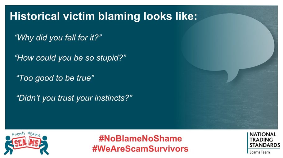 AgainstScams's tweet image. We can silence people with our words creating blame, shame and judgements.
We need to adjust our language and communication with scam victims to focus the blame on the criminals, not the victims.

Watch our video:
youtube.com/watch?v=lWo4Ta…
#NoBlameNoShame #WeAreScamSurvivors