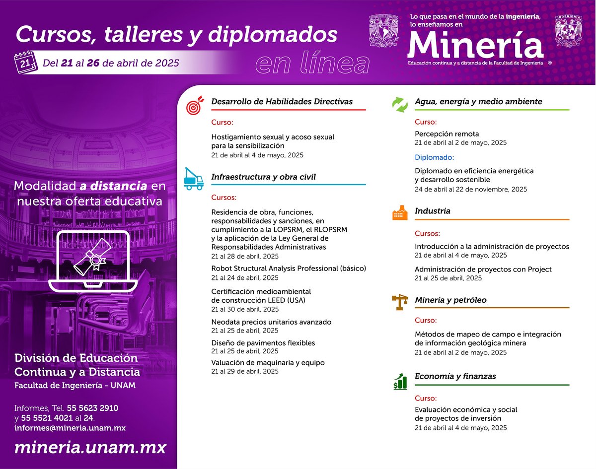 Todo lo que se enseñará próximamente en #Minería. ¿Quieres formar parte?
✏️ Inscríbete a nuestros cursos, talleres y diplomados en: mineria.unam.mx/calendario/