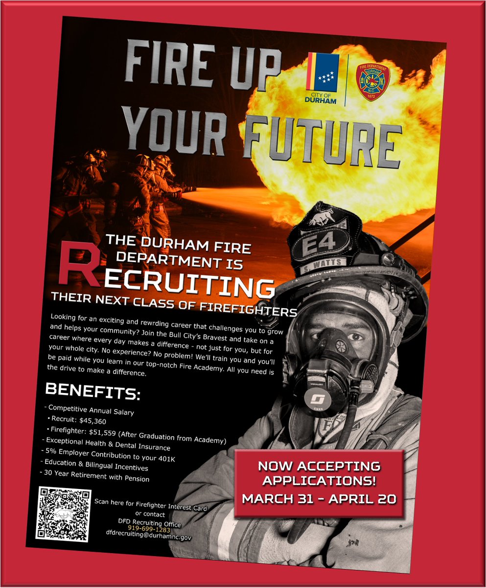 Applications are OPEN to become one of Bull City's Bravest!

Join our TEAM-serve our great City and make $51,559 (after graduation).

It will be the #bestjobyoueverhad!
----> durhamfd.org
----> durhamfd.org
----> durhamfd.org