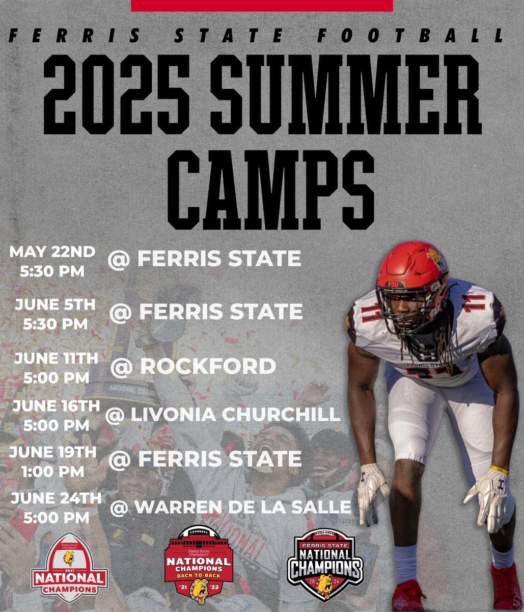CHURCHILL FOOTBALL (@lc_chargers) on Twitter photo We are honored to host <a href="/FerrisFootball/">Ferris St. Football</a> this summer! We look forward to being a great location for all local HS football players!
campscui.active.com/orgs/FerrisSta… We are honored to host <a href="/FerrisFootball/">Ferris St. Football</a> this summer! We look forward to being a great location for all local HS football players!
campscui.active.com/orgs/FerrisSta…