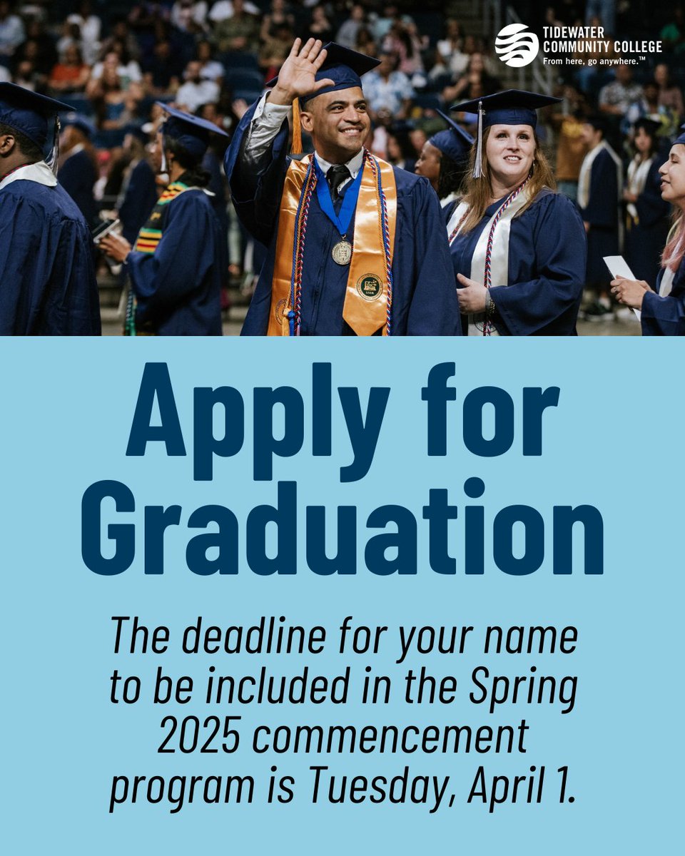 TCCva's tweet photo. Want your name in the Spring 2025 commencement program? Be sure to authorize it on your graduation application by April 1βthis deadline is final! π https://t.co/09ssPIJkz7
#TCCva #HamptonRoads #SpringCommencement #Graduation https://t.co/GuG5KrWXIp