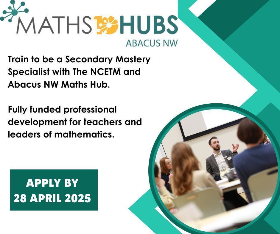 Abacus NW Maths Hub (@abacus_nw) on Twitter photo Interested in becoming a Secondary Mastery Specialist?
Apply now> buff.ly/sLXT6iD
For further information contact hello@abacusnwmathshub.co.uk Interested in becoming a Secondary Mastery Specialist?
Apply now> buff.ly/sLXT6iD
For further information contact hello@abacusnwmathshub.co.uk