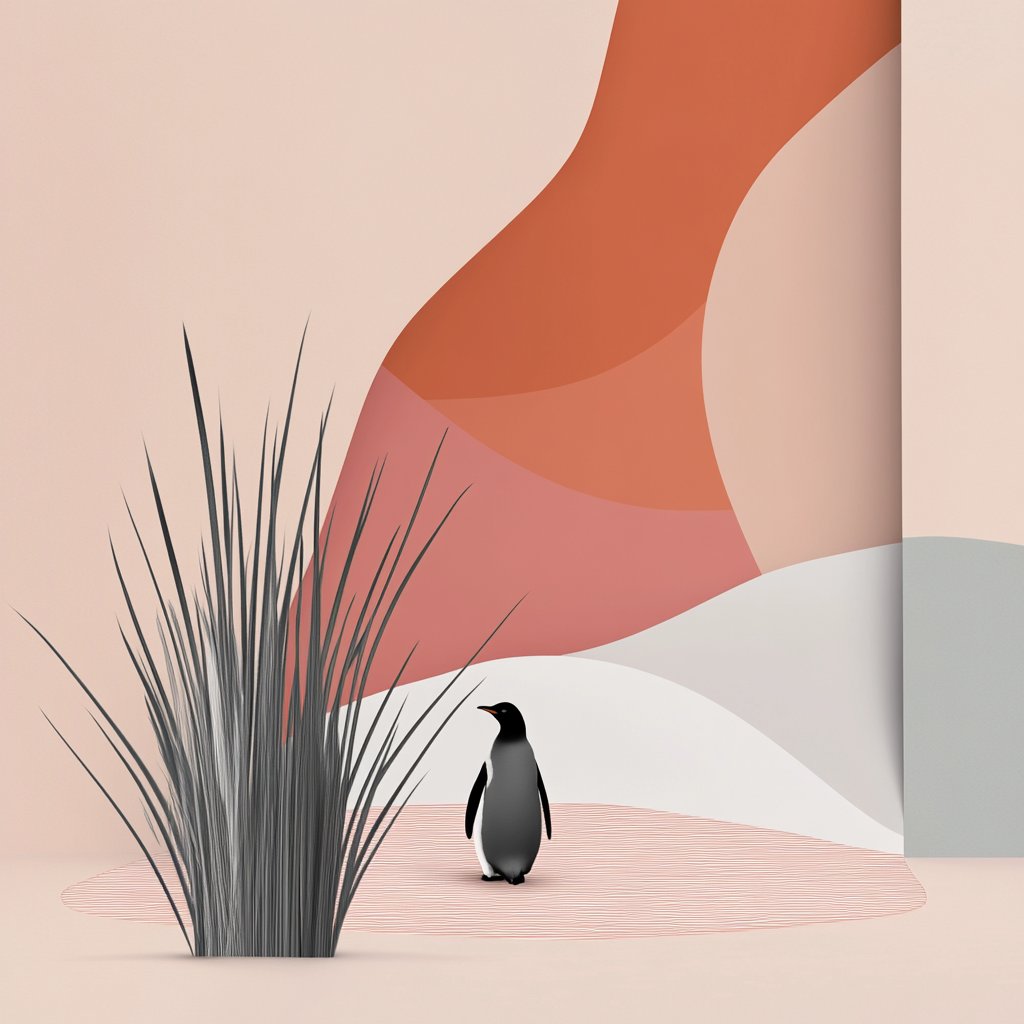 Evasanter's tweet photo. In 'Whimsical Isolation', a penguin stands quietly amid abstract whispers, reminding us solitude is a canvas for unexpected beauty. Embrace the surreal serenity where dreams paint life. #Surrealism #Isolation #ArtPoetry https://t.co/ENsJA1yfSw