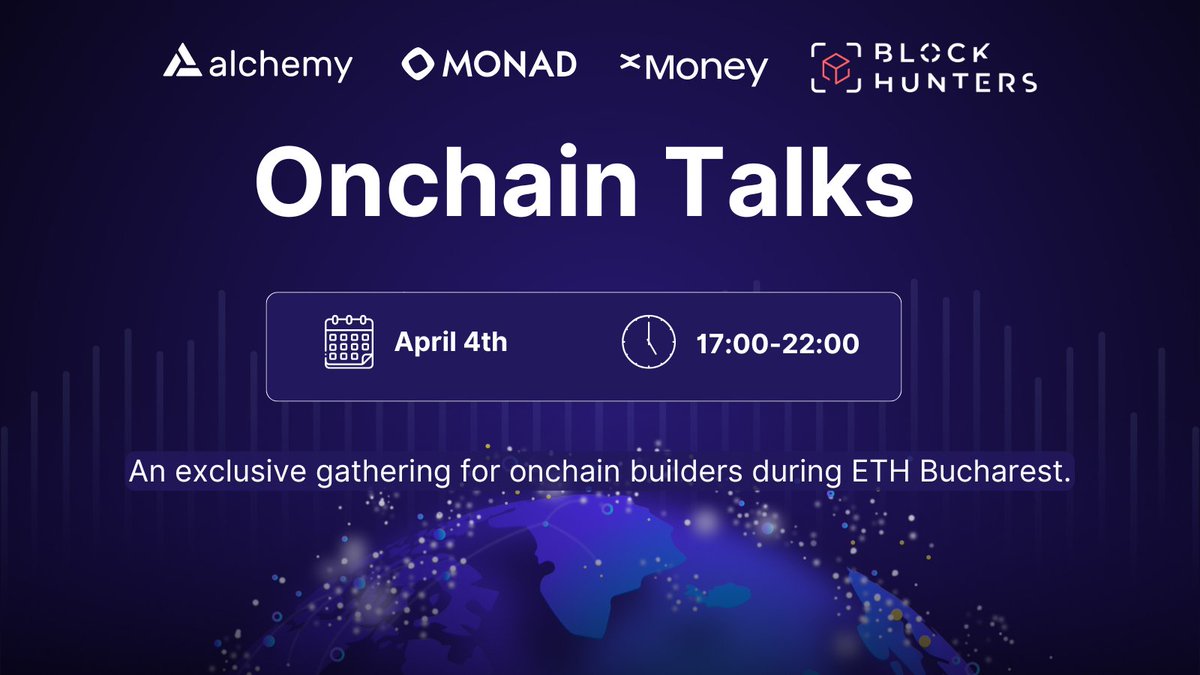 In town for ETH Bucharest?

We’re hosting Onchain Talks — a one-night-only gathering for builders, founders &amp; thinkers.

🧠 Real convos (no shill decks)
🍷 Great food &amp; drinks
🤝 Curated crowd

Powered by: <a href="/Alchemy/">Alchemy</a> <a href="/monad_xyz/">Monad</a> <a href="/xMoney_com/">xMoney.com</a> <a href="/BlockhuntersOrg/">BlockHunters</a> 

Limited spots. Request