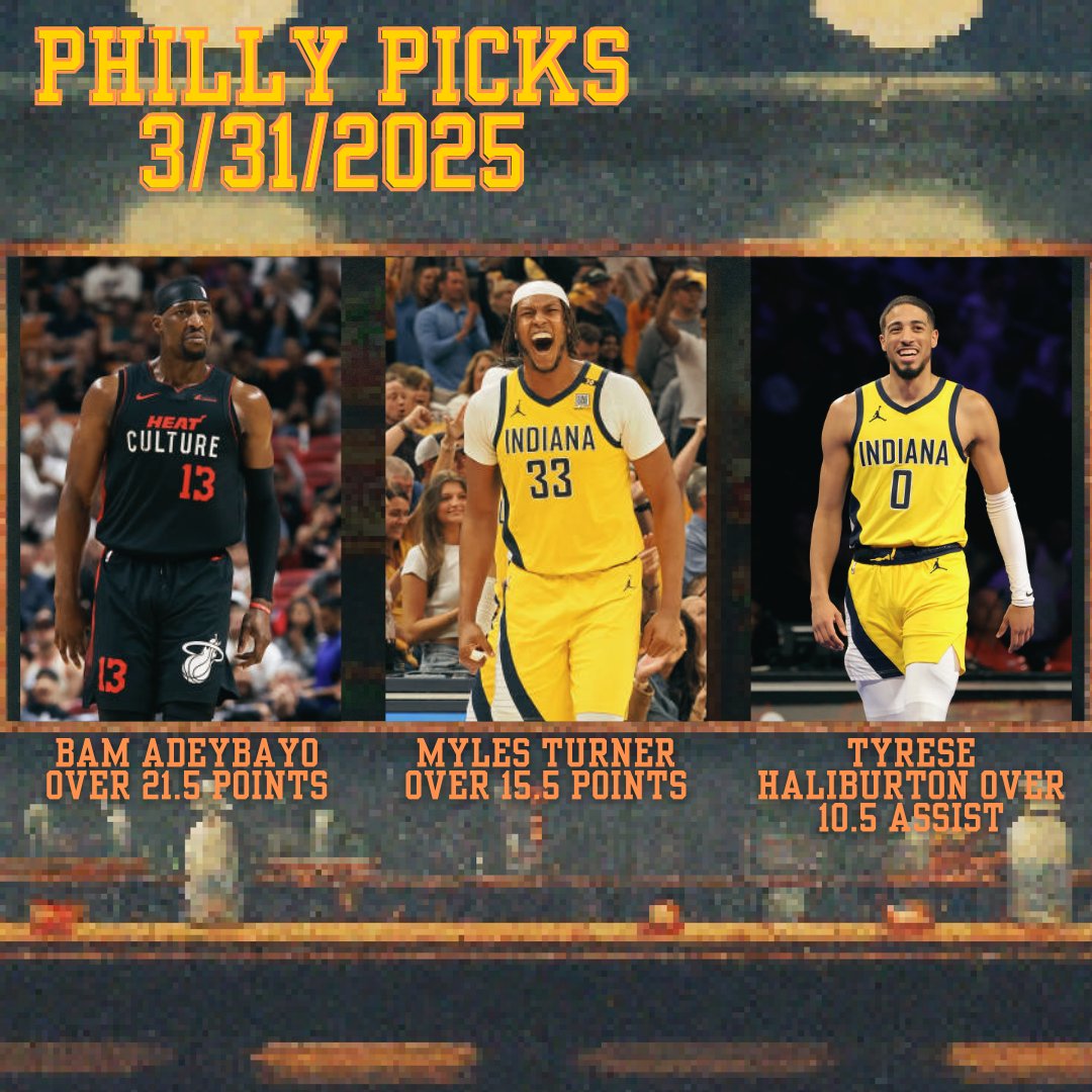PHILLY PICKS🧀 FOR 3/30/2025

PLEASE SWEEP 🙏

BAM ADEYBAYO OVER 21.5 POINTS
MYLES TURNER OVER 15.5 POINTS
TYRESE HALIBURTON OVER 10.5 ASSIST

LIKE IF YOU’RE TAILING 💛  

FOLLOW FOR FREE PROPS‼️  
#PrizePicks #GamblingX #SleeperPicks #Chalkboard #UnderdogFantasy #NBA