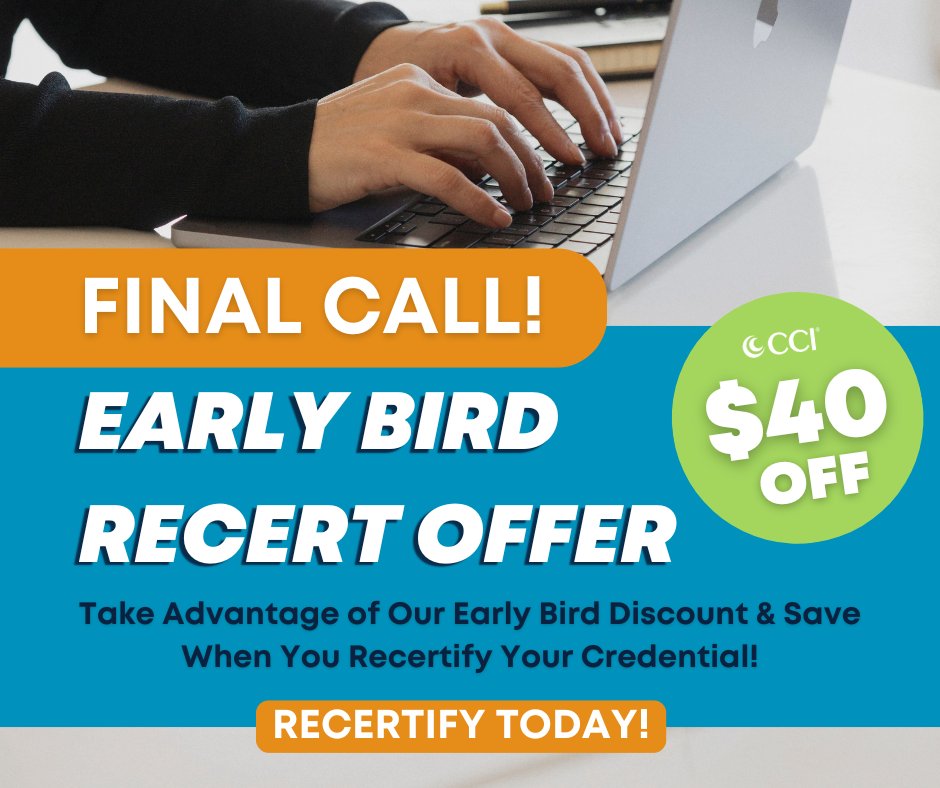 cci_nurses's tweet image. LIMITED TIME OFFER ENDING TODAY! Take advantage of our early-bird discount before it’s too late and save $40 off your recertification fee! #CCI #recert #discount

Access your recertification application today by signing into your account on our website: bit.ly/4j9xTub