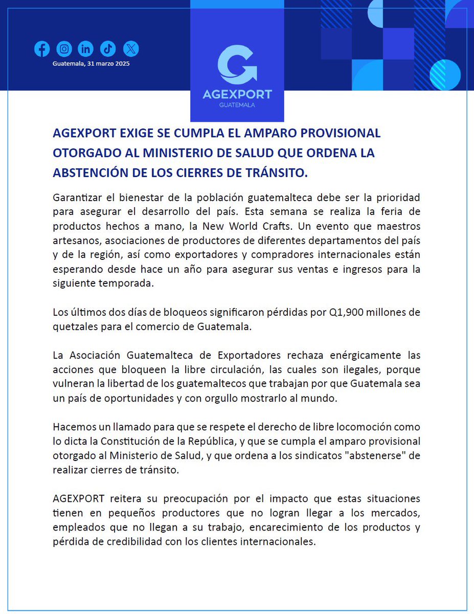 AGEXPORT exige se cumpla el amparo provisional que ordena la abstención de los cierres de tránsito. ⬇️