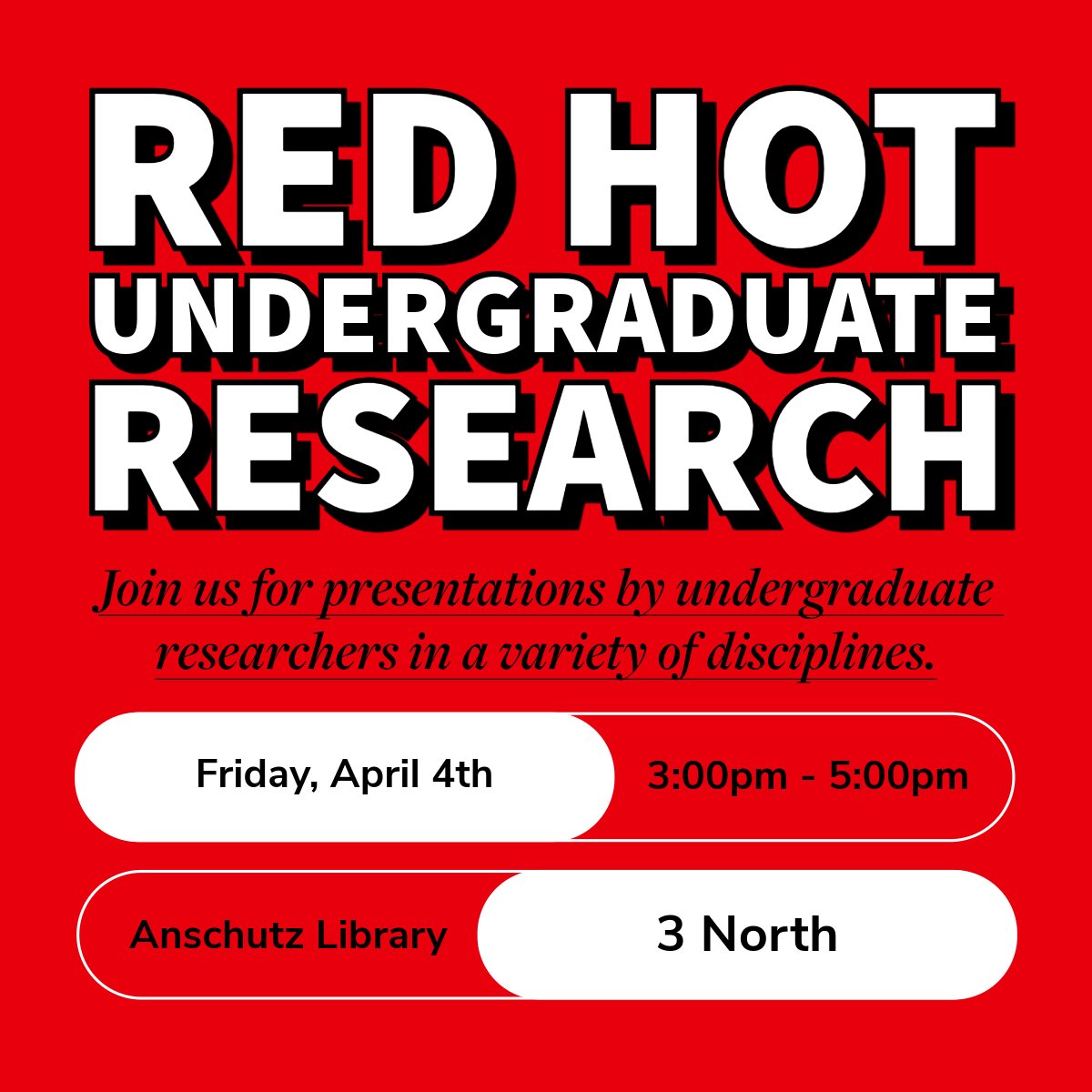 Don't miss the Red Hot Undergraduate Research event! Ten undergraduate students from a variety of disciplines will present their research and creative projects. Campus and general community members are welcome! For more information, visit calendar.ku.edu/event/red-hot-….