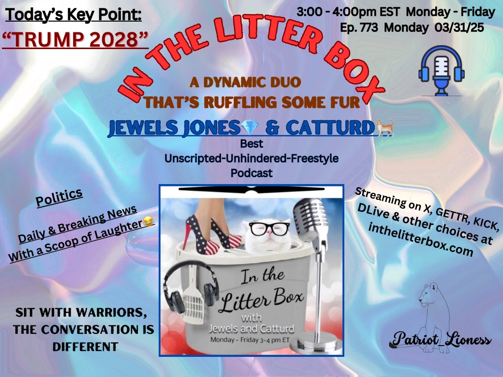 Patriot Lioness (@patriot_lioness) on Twitter photo 🐾 IN THE LITTER BOX 🐾
Hosts: <a href="/JewelsJonesLive/">Jewels Jones ®</a>💎 & @Catturd2
📣 Live stream on X , GETTR, KICK, DLive, & other
options at inthelitterbox.com
📰 News Hub is available at inthelitterbox.com
@jewelsjoneslive <a href="/catturd2/">Catturd ™</a> <a href="/MightyMouse200/">FleetAdmiralJames / MightyMouse200</a> <a href="/RobPligrimSr/">🇺🇸 ProudlyDeplorable 🇺🇸</a> <a href="/dapgc_/">ColdBrewNY</a> 🐾 IN THE LITTER BOX 🐾
Hosts: <a href="/JewelsJonesLive/">Jewels Jones ®</a>💎 & @Catturd2
📣 Live stream on X , GETTR, KICK, DLive, & other
options at inthelitterbox.com
📰 News Hub is available at inthelitterbox.com
@jewelsjoneslive <a href="/catturd2/">Catturd ™</a> <a href="/MightyMouse200/">FleetAdmiralJames / MightyMouse200</a> <a href="/RobPligrimSr/">🇺🇸 ProudlyDeplorable 🇺🇸</a> <a href="/dapgc_/">ColdBrewNY</a>