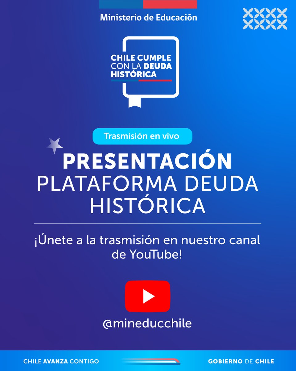 📷📷Únete a la transmisión de la presentación la plataforma en la que las y los docentes podrán entregar los antecedentes necesarios para acceder al aporte de deuda histórica.
Conéctate a las 12:30 horas, a través de nuestro canal de YouTube.📷 youtube.com/live/sZTDxH9_t…