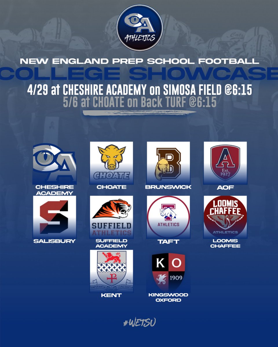 Cheshire Academy Football (@cacatsfb1794) on Twitter photo ATTN: ALL FCS, D2, D3 Football Coaches. Each day will be a Pro Day style workout. <a href="/Coach_Mella/">Bill Mella</a> <a href="/wick_football/">Wick_Football</a> <a href="/CRHFootball/">Choate Rosemary Hall Football 🐗</a> <a href="/TaftFootballCT/">Taft Football</a> <a href="/AOF_Football/">AOF Football</a> <a href="/LoomisFootball/">Loomis Chaffee Football</a> <a href="/SATigerFootball/">Suffield Academy Football</a> <a href="/BatoryBrandon/">Coach Batory</a> <a href="/Coach_Phelps11/">Salisbury School Football</a> <a href="/KENTct_FB/">Kent Football</a> ATTN: ALL FCS, D2, D3 Football Coaches. Each day will be a Pro Day style workout. <a href="/Coach_Mella/">Bill Mella</a> <a href="/wick_football/">Wick_Football</a> <a href="/CRHFootball/">Choate Rosemary Hall Football 🐗</a> <a href="/TaftFootballCT/">Taft Football</a> <a href="/AOF_Football/">AOF Football</a> <a href="/LoomisFootball/">Loomis Chaffee Football</a> <a href="/SATigerFootball/">Suffield Academy Football</a> <a href="/BatoryBrandon/">Coach Batory</a> <a href="/Coach_Phelps11/">Salisbury School Football</a> <a href="/KENTct_FB/">Kent Football</a>