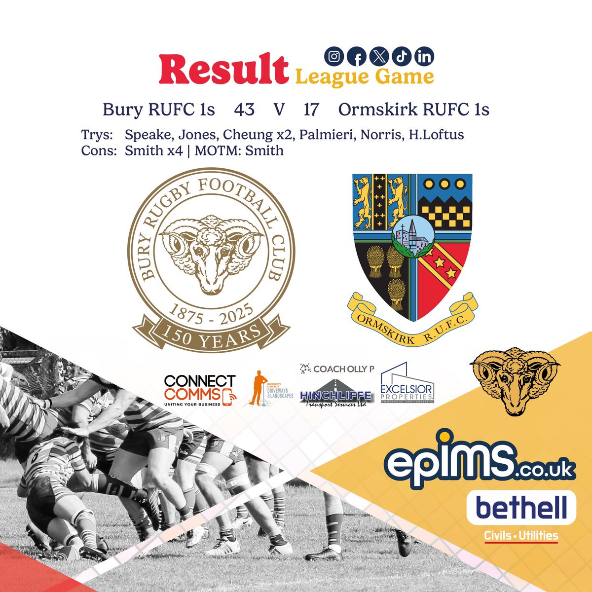 Buryrufc's tweet photo. Two fantastic wins for the men’s teams at the weekend! 

First Team
Bury 43 - 17 Ormskirk
MOTM: Tom Smith

Second Team
Bury 93 - 0 Aspull
MOTM: Sam Lyth

#rugby #rugbyunion #grassrootsrugby #bury https://t.co/BcDtwgFtSI
