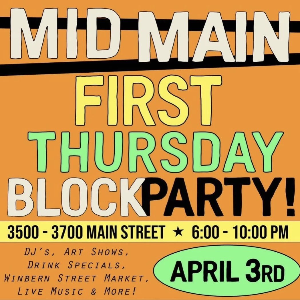 Excited to be a part of the Mid-Main 1st Thursday block party this Thursday night at Winnie’s!  Music from 7:00-9:00 pm