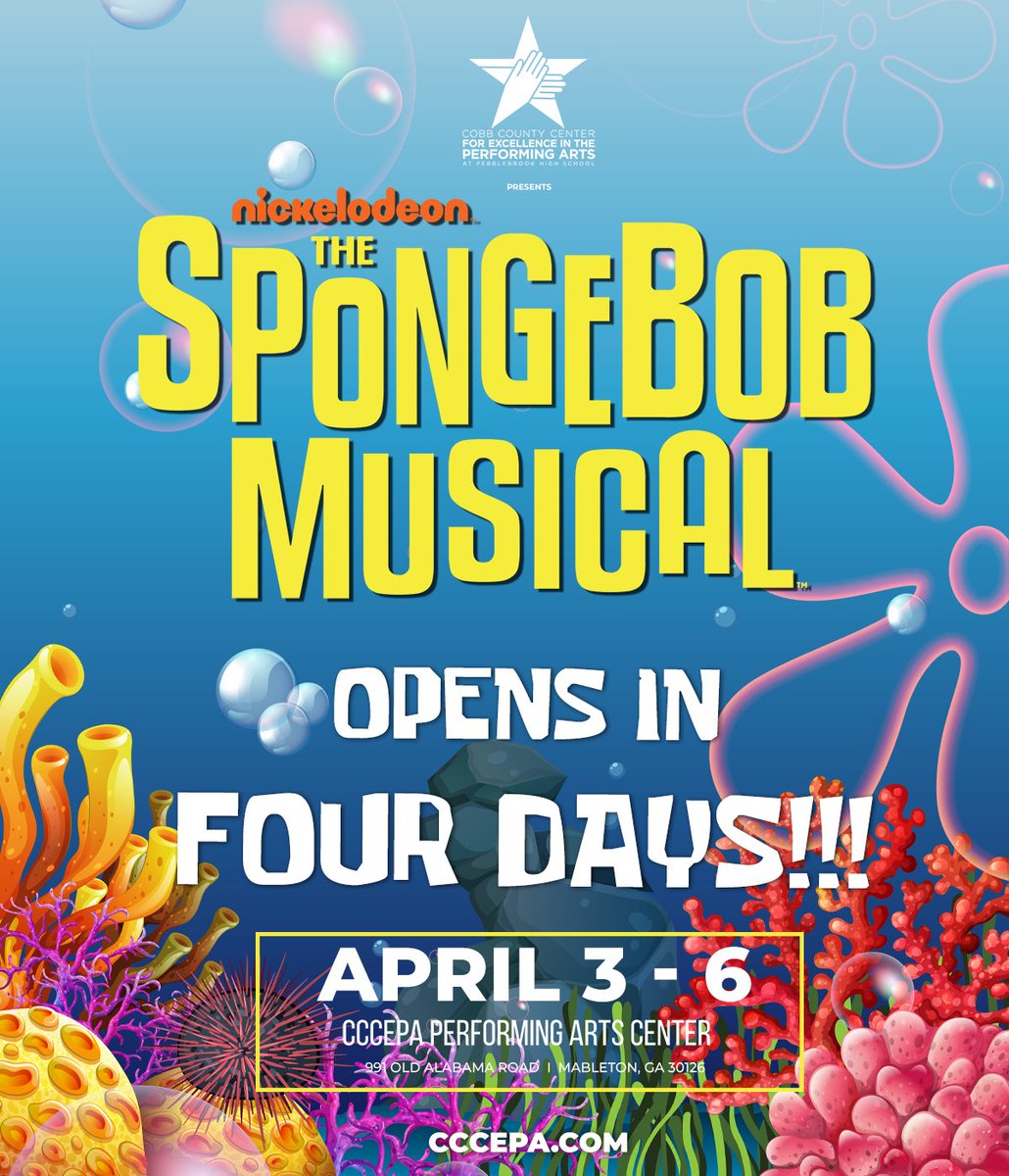Hurry! Only FOUR DAYS until the dynamic stage show hits! SpongeBob and friends must save Bikini Bottom. This exciting musical with beloved characters and magical music promises an unforgettable experience for all ages. Get your tickets now! - mailchi.mp/cobbk12/sb5