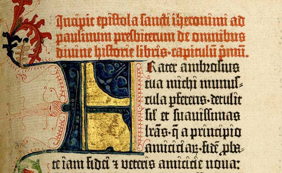 Pierwszy list św. Hieronima do św. Paulina, otwierający Biblię Gutenberga. 
Zwróćcie uwagę na imiona: "iheronimi", "paulinum" i "ambrosius".