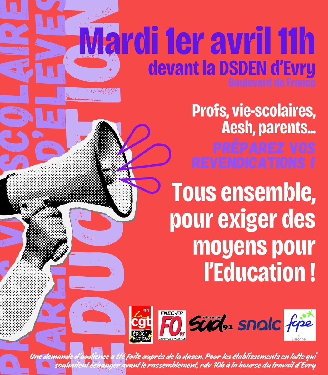 [📢Mobilisation] 📣Tous ensemble pour exiger des moyens pour l'Éducation !

🗓 Mardi 1er Avril
📍 11h00 devant la DSDEN à Evry (91)

#FCPE91 #CgtEducation  #SNALC91 <a href="/FnecFpFO/">FNEC FP-FO</a> #FO91 #SUD91