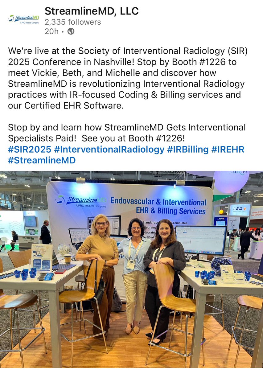 Deepak Sudheendra, MD, MHCI, RPVI, FSIR (@dr_sudi) on Twitter photo If you’re thinking of opening an OBL/ASC you owe it to your business to meet w/<a href="/StreamlineMD/">StreamlineMD</a> at #SIR25NASH. Their physician-centered approach & small size allows them to provide more personalized service for EHR/billing.
#irad <a href="/SIRspecialists/">Society of Interventional Radiology</a> #IRbilling If you’re thinking of opening an OBL/ASC you owe it to your business to meet w/<a href="/StreamlineMD/">StreamlineMD</a> at #SIR25NASH. Their physician-centered approach & small size allows them to provide more personalized service for EHR/billing.
#irad <a href="/SIRspecialists/">Society of Interventional Radiology</a> #IRbilling