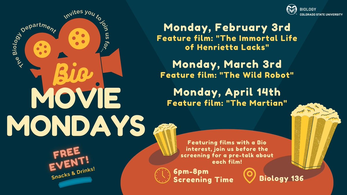 🚀 Bio Movie Monday lands with The Martian! Join us Apr 14 @ 6 PM in Biology 136 for space, science &amp; free popcorn! 🍿🔬 
#BioMovieMondays #TheMartian #CSUBiology