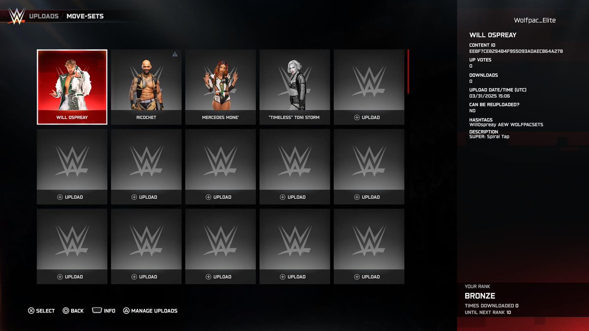 Uploaded four AEW sets 
(Including Updated Settings on CAWs) 

(Current Gen only)

PSN: Wolfpac_Elite

Tags: 
WillOspreay
Ricochet 
MercedesMone
ToniStorm
AEW 
WolfpacSets 

#WWE2K25