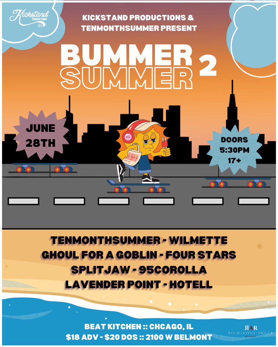 🌞 JUST ANNOUNCED 🌞
Bummer Summer 2 with <a href="/tenmosummerband/">💜 tenmonthsummer - ********** ****** mode💜</a>, <a href="/wilmetteband/">Wilmette (writing mode 🤔📝)</a>, <a href="/fourstarsil/">Four Stars</a>, <a href="/GhoulforaGoblin/">Ghoul for a Goblin</a>, <a href="/splitjawhc/">SPLITJAW 🇵🇸</a>, 95 Corolla, Lavender Point &amp; Hotell
📆 SAT., JUNE 28 at <a href="/beatkitchenbar/">Beat Kitchen</a> 
🎟 ON SALE NOW
🔗 bit.ly/4j5pqZ6