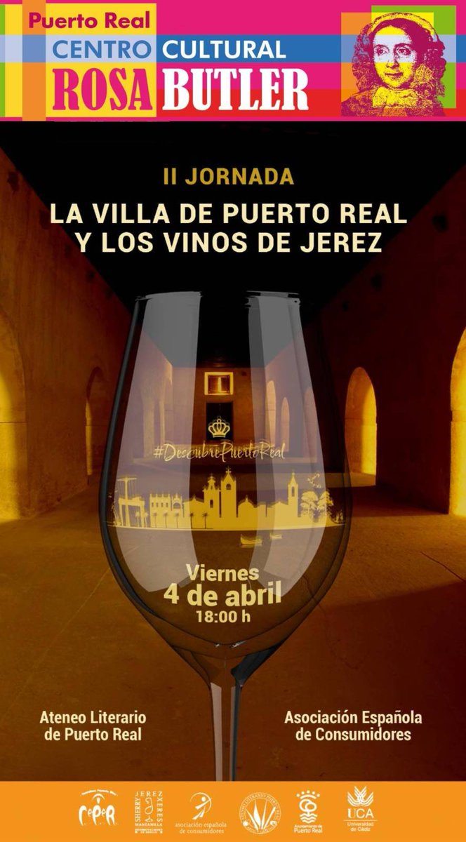 Ateneo Literario de Puerto Real (@ateneoliterario) on Twitter photo II Jornada La Villa de Puerto Real y los Vinos de Jerez.
📆 Viernes 4 de abril 2025
⏰️ 18:00 horas.
📌 Centro Cultural Rosa Butler.
Organiza: Asociación Española de Consumidores y Ateneo Literario.
➡️ Inscripción:
👉 ateneoliterariopuertoreal.es
👉 asescon.cadiz@gmail.com II Jornada La Villa de Puerto Real y los Vinos de Jerez.
📆 Viernes 4 de abril 2025
⏰️ 18:00 horas.
📌 Centro Cultural Rosa Butler.
Organiza: Asociación Española de Consumidores y Ateneo Literario.
➡️ Inscripción:
👉 ateneoliterariopuertoreal.es
👉 asescon.cadiz@gmail.com