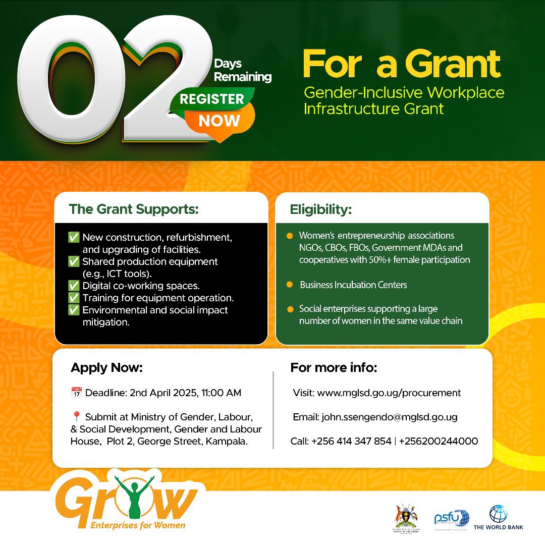 Ladies and gentlemen, we are left with only 2 days. Please polish up shoes application and submit them <a href="/GovUganda/">Government of Uganda</a> #MDAs, #CSOs, #FBOs, #NGOs &amp; #WomenEntrepreneur #Associations take #note