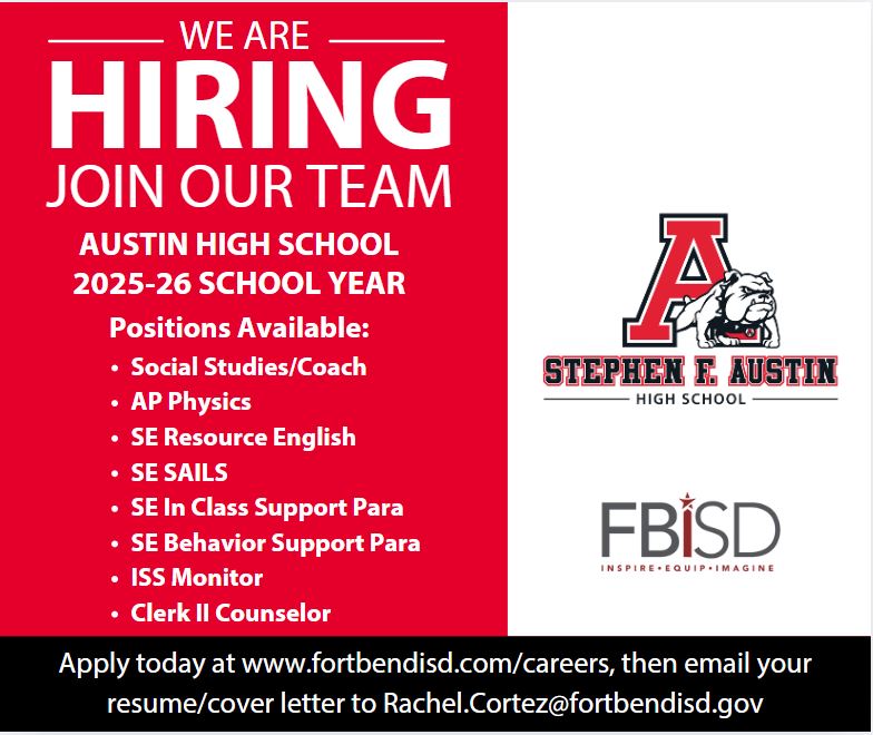 The FBISD Job Fair is this Saturday, April 5, from 9:00-12:00 at Dulles HS. But you can get a jump on the competition, by emailing us now. We're looking for exceptional staff to work with our exceptional students. We look forward to hearing from you. ❤️🖤🐾