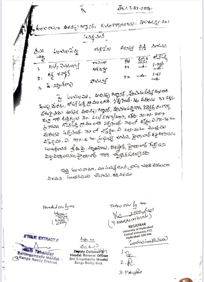 TGPRAJAPALANA's tweet photo. Telangana govt releases letter regarding #HCU  lands

2004లోనే  534.28గుంటల భూమిని ప్రభుత్వానికి అప్పగించిన అధికారులు

ఆ డాక్యుమెంట్‌పై అప్పటి రిజస్ట్రార్‌ నరసింహులు సంతకం

అందుకు ప్రతిగా గోపనపల్లి గ్రామంలో సర్వే నెంబర్‌ 36లో 191,సర్వే నెంబర్‌ 37లో 205ఎకరాలు కేటాయించిన ప్రభుత్వం https://t.co/wp3XkfnUpF