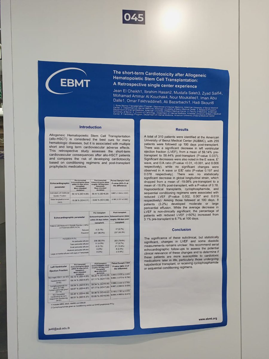 Excited to share our latest work on short-term cardiotoxicity after allogeneic HSCT at the 51st Annual EBMT Meeting in Florence, Italy! 🫀  #EBMT #Cardiooncology #Cardiotoxicity