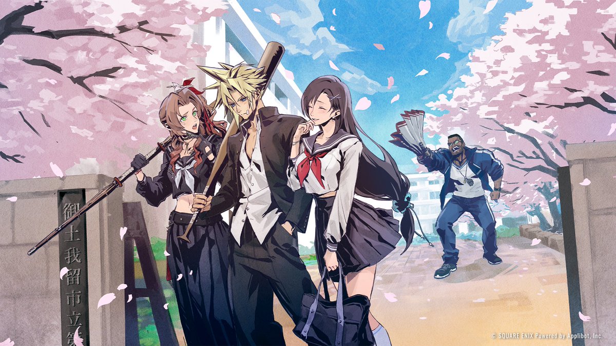 TropicalMaku's tweet photo. Final Fantasy VII characters if they attended Midgard Seventh High School and Shinra Private Academy. This is official art btw for Ever Crisis on April Fools day. I love it though!! https://t.co/N66U9cDZXe