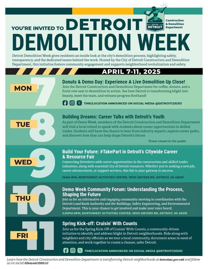 MsMarySheffield's tweet photo. The countdown to #DetroitDemolitionWeek is on! 💥
From April 7-11, the @CityofDetroit Construction and Demolition Department is giving residents an inside look at the city’s demolition process, highlighting safety, transparency, and the teams transforming our neighborhoods. 🛠️ https://t.co/IkTePCjE0J