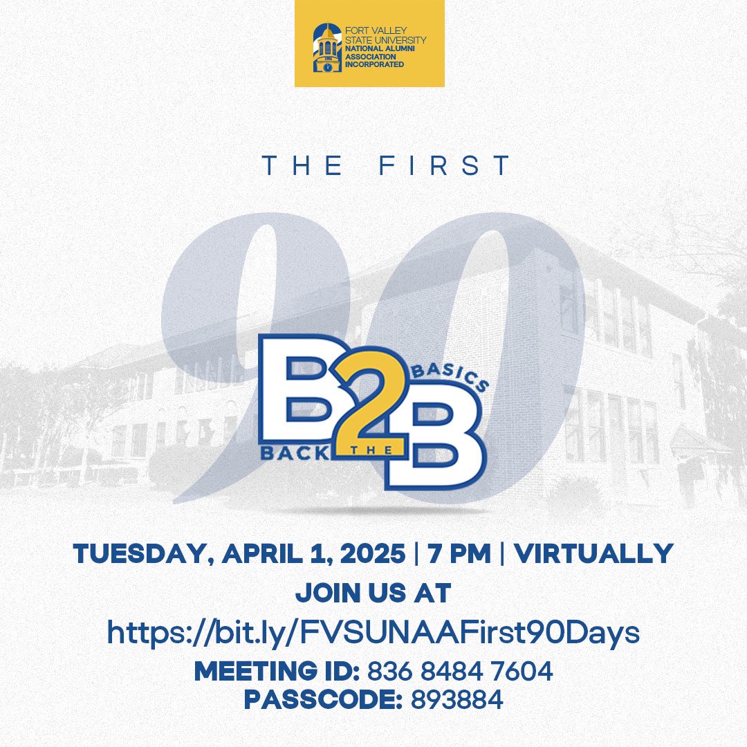 fvsunaa's tweet photo. FVSU NAA, INC. FIRST 90-DAYS VIRTUAL MEETING

The Fort Valley State University National Alumni Association Incorporated Board of Directors would like for our alumni and supporters to join us Tuesday, April 1, 2025 at 7PM virtually for the administration's first 90-days update. https://t.co/fgnznTOTUo