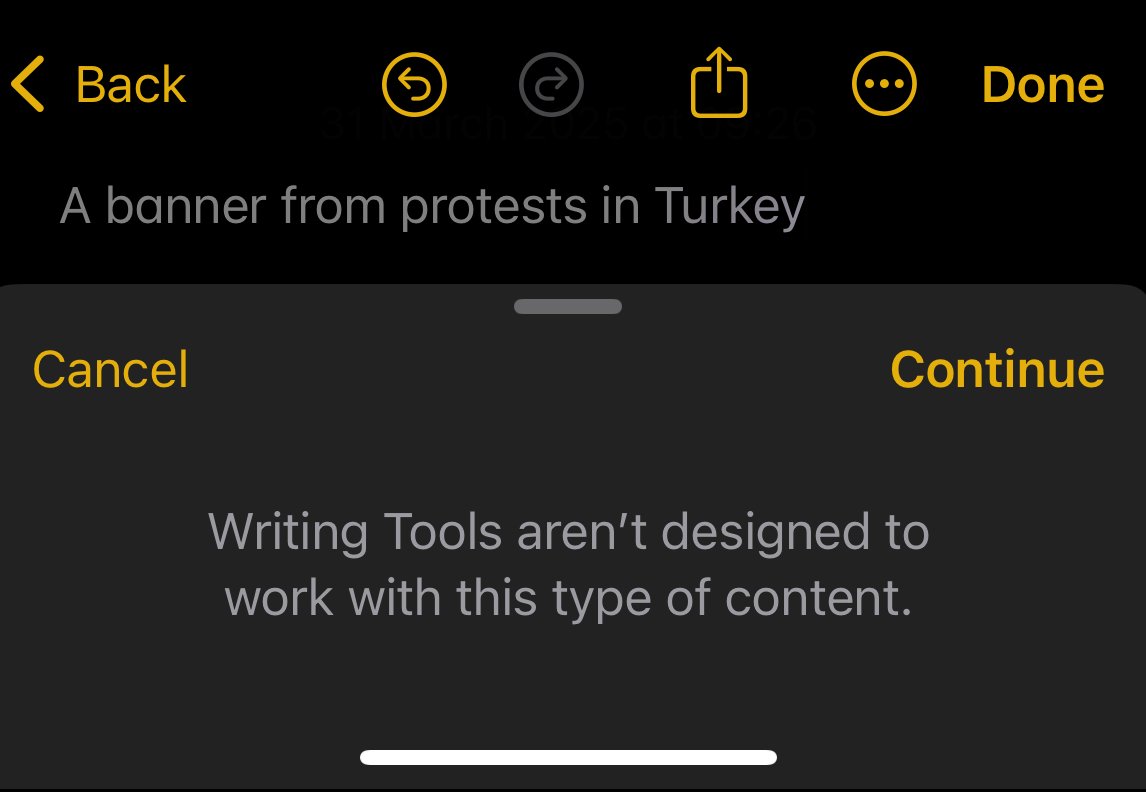 utkusen_en's tweet image. I accidentally discovered hidden censorship in Apple Intelligence. I was trying to improve a paragraph using Apple's writing tools, but it refused to rewrite the text. After investigating a bit, I found that the problematic phrase was "protests in Turkey." When I replaced it with…