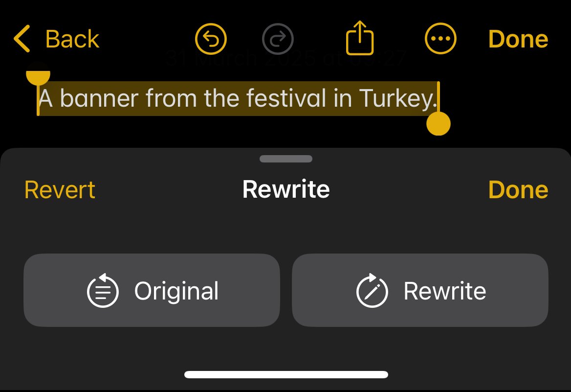 utkusen_en's tweet image. I accidentally discovered hidden censorship in Apple Intelligence. I was trying to improve a paragraph using Apple's writing tools, but it refused to rewrite the text. After investigating a bit, I found that the problematic phrase was "protests in Turkey." When I replaced it with…