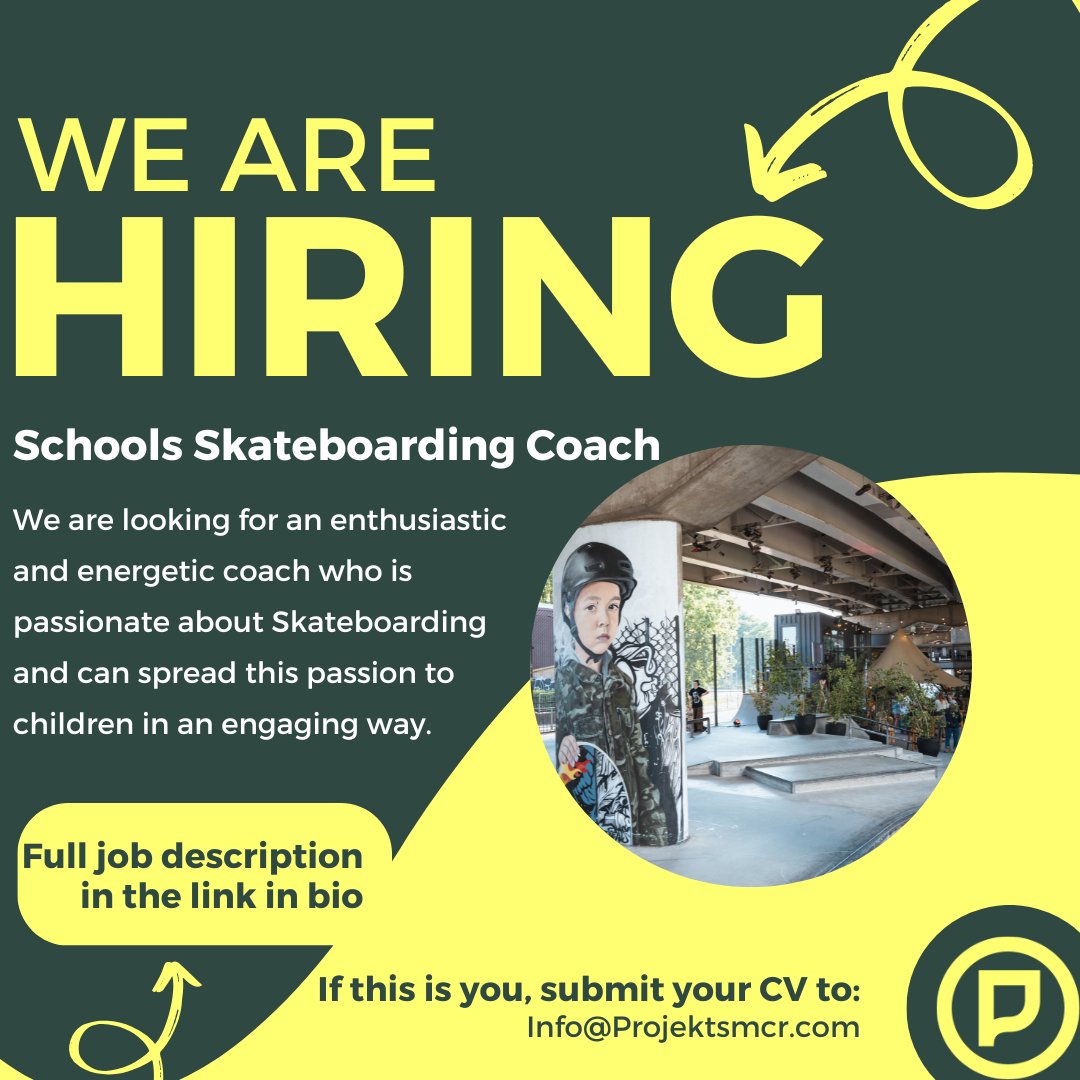 Projekts MCR (@projektsmcr) on Twitter photo π¨ WE'RE HIRING! π¨
Passionate about skateboarding & teaching? πΉβ¨ Projekts MCR is looking for a Schools Skateboarding Coach to inspire the next generation!
π¦ You must be able to transport equipment to schools for sessions.
π© Apply now: Info@Projektsmcr.com π¨ WE'RE HIRING! π¨
Passionate about skateboarding & teaching? πΉβ¨ Projekts MCR is looking for a Schools Skateboarding Coach to inspire the next generation!
π¦ You must be able to transport equipment to schools for sessions.
π© Apply now: Info@Projektsmcr.com