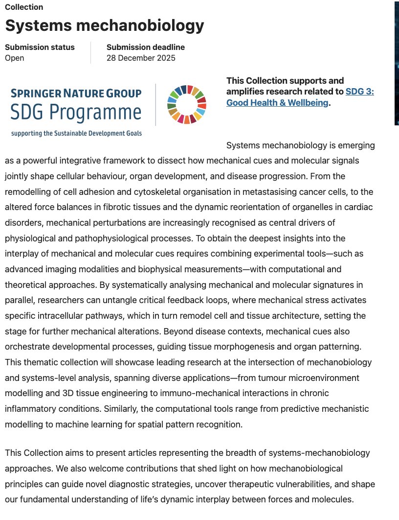 Mohit Kumar Jolly (@mkjolly15) on Twitter photo Thematic issue on Systems mechanobiology at <a href="/Nature_NPJ/">npj Journals</a> Systems Biology & Applications (guest editors: <a href="/FabianSpill/">Fabian Spill</a>, Tanmay Lele <a href="/bmentamu/">TAMU BMEN</a>) now open for submissions.
nature.com/collections/ic…
<a href="/BMESociety/">Biomedical Engineering Society</a> <a href="/MBIsg/">Mechanobiology Institute</a> <a href="/Mechanobiol/">Mechanobiology News</a> <a href="/PoLDresden/">Physics of Life Dresden</a> <a href="/MechanoBio_RMIT/">Mechanobiology & Microfluidics Research Group</a> <a href="/abhijit_MLab/">Abhijit Majumder</a> <a href="/ianywonglab/">Ian Wong Lab at Brown. 🟦ianywonglab</a> Thematic issue on Systems mechanobiology at <a href="/Nature_NPJ/">npj Journals</a> Systems Biology & Applications (guest editors: <a href="/FabianSpill/">Fabian Spill</a>, Tanmay Lele <a href="/bmentamu/">TAMU BMEN</a>) now open for submissions.
nature.com/collections/ic…
<a href="/BMESociety/">Biomedical Engineering Society</a> <a href="/MBIsg/">Mechanobiology Institute</a> <a href="/Mechanobiol/">Mechanobiology News</a> <a href="/PoLDresden/">Physics of Life Dresden</a> <a href="/MechanoBio_RMIT/">Mechanobiology & Microfluidics Research Group</a> <a href="/abhijit_MLab/">Abhijit Majumder</a> <a href="/ianywonglab/">Ian Wong Lab at Brown. 🟦ianywonglab</a>